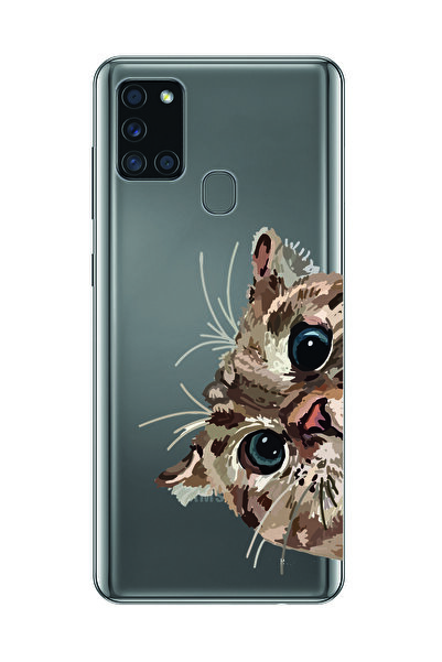 Magic Ring Samsung Galaxy A21S Uyumlu Tatlı Kedi Desenli Şeffaf Telefon Kılıfı