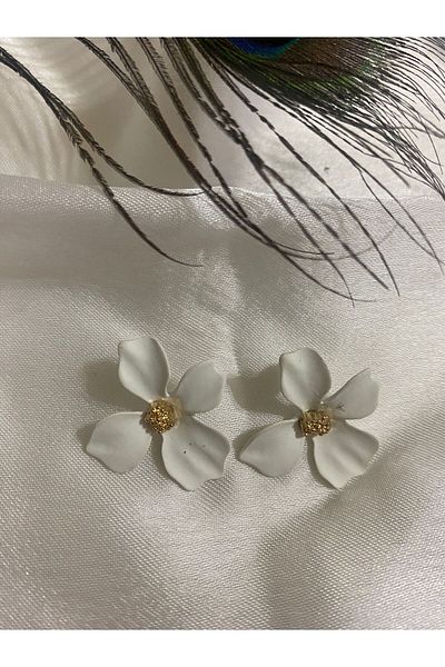 sema aksesuar Women's White Flower Model Earrings - Floral Earrings - Mother's Day Gift