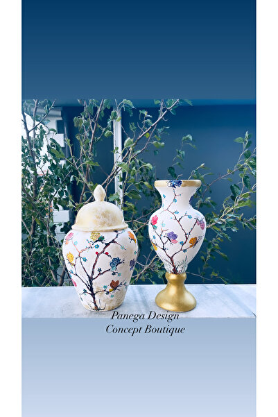 Panega Design Seramik tasarım kelebek resimli vazo ve küp takım