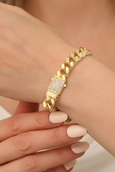 emy by emel luxury silver jewelry Altın Kaplama Kilidi Taşlı Kalın Gurmet Bileklik 925 Ayar Gümüş