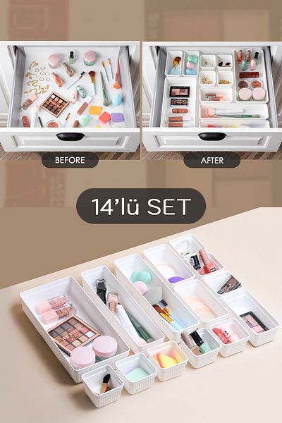 Meleni Home 14 Piece Modular Drawer Organizer, Bathroom Makeup and Jewelry Organizer - Office Desktop Organizer