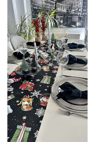 Decamor home Anul Nou Tematic Black Long Runner Masa de Anul Nou Runner de Anul Nou