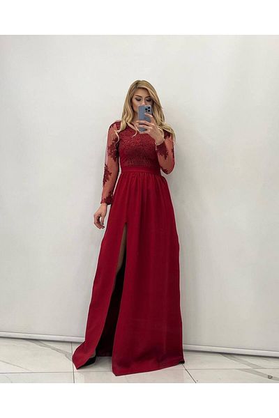 rengamoda Women's Laced Back Zippered Double Fabric Slit Evening Dress (Colorful)