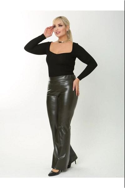 Duay giyim Large Size Ribbed Elastic High Waist Leather Spanish Trousers 21054 Khaki