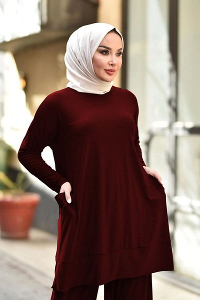 Aşkı Endam طقم ساندي مزدوج بجيب كبير الحجم - أحمر كلاريت