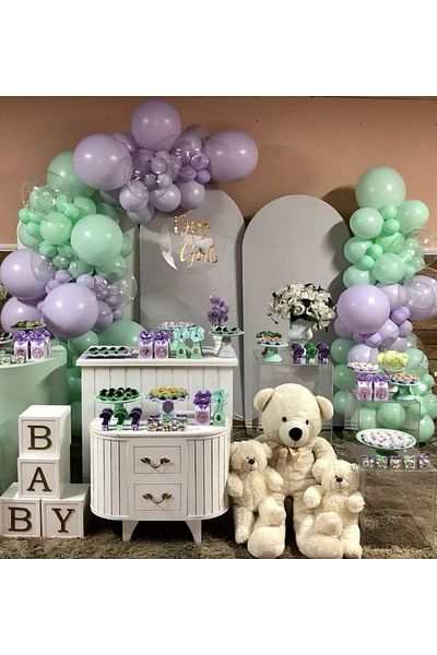 Çemrek Süs Parti Macaron lilac green balloon chain set 100 pieces of balloons and chain