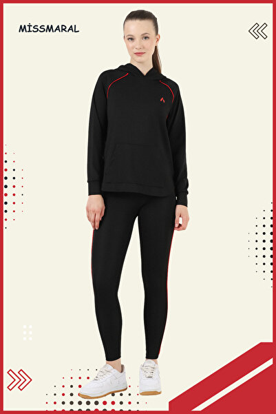 missmaral Kadın Eşofman Takım Spor Tunik & Slim Fit Tayt Dalgıç Kumaş Sports And Casual Siyah -kırmızı 3060