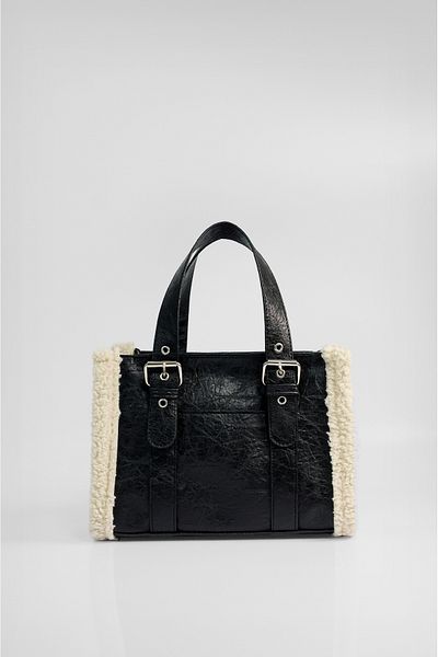 Rimense Black Fur Plush Medium Size Lined Hand and Shoulder Bag
