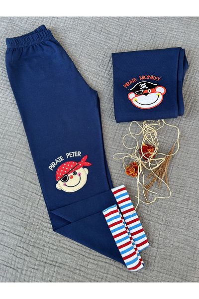 TD Collection Pirate Peter Embroidered Leg Striped Navy Color 100% Cotton Knitted Boy / Baby Trousers