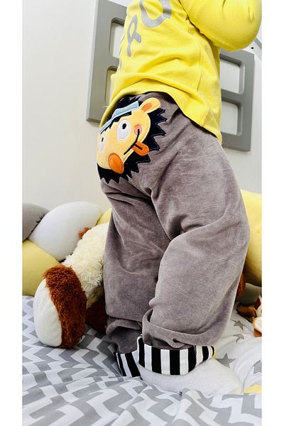 TD Collection Hedgehog Butt Embroidered Velvet Gray Color Striped Unisex Kids / Baby Pants
