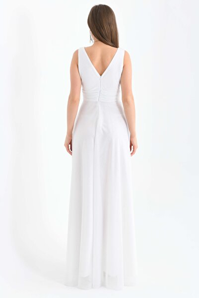 lovebox Bélelt fényes Lurex szövet kiszélesedő vágott vastag pántos maxi hosszúságú fehér plusz méretű estélyi ruha 9223