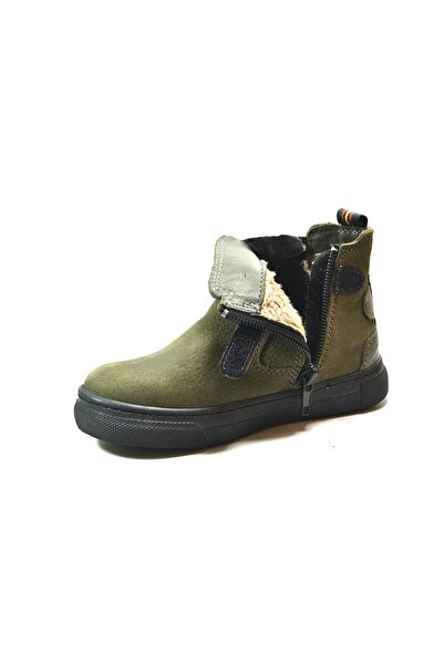 Onlo Ayakkabı R.246-1 Hakiki Deri Nubuk Haki Fermuarlı Kürklü Ortopedik Erkek Çocuk Bot