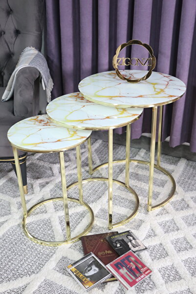 Zigonzi Gold Metal Sarı Mermer Desenli Üçlü Zigon Sehpa