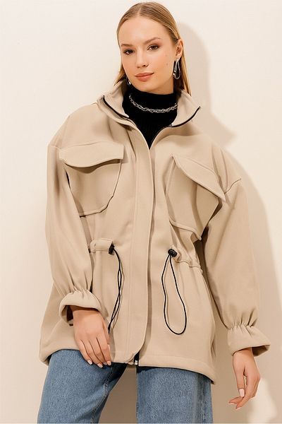 HAKKE Zippered Elastic Waist Stitched COAT