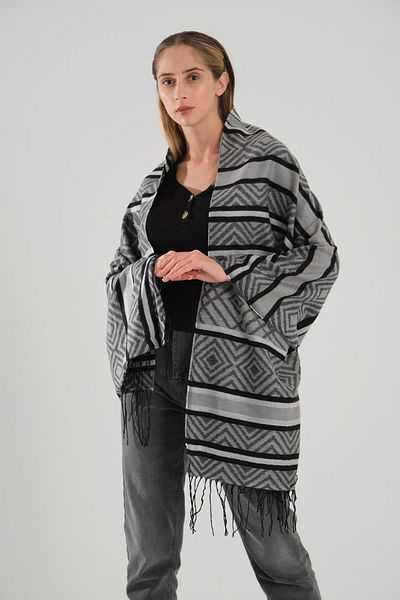 Deafox Grauer Schulterschal mit Quastendetail und eigenem Muster, 70 x 180 cm