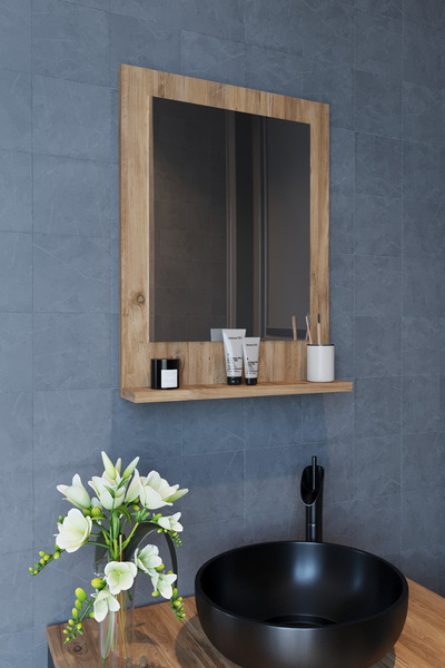 TETTO ELAGANTE Safir Banyo Aynası, DİK Dresuar,60x45 Atlantik Çam Raflı Banyo...