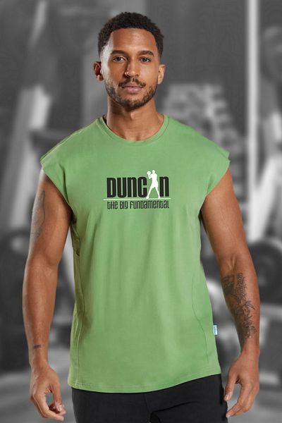 BESSA Men's Duncan Printed Green Oversize Crew Neck Cotton Sleeveless Basketball Tank Top