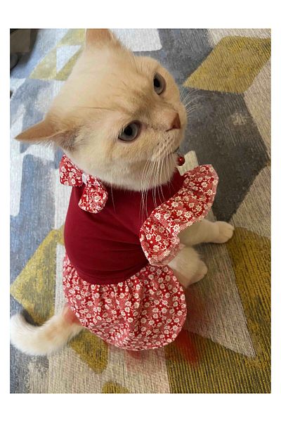 Gobo Flower Patterned Red Cat Dog Outfit Dress with Bow Tie