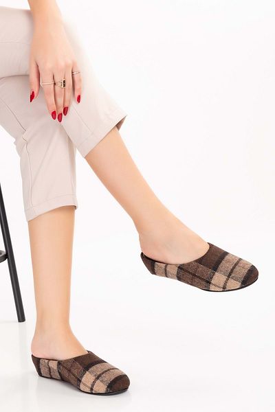 Gondol Leather Inside Plaid Patterned House Slippers mik.580 - Brown - 41