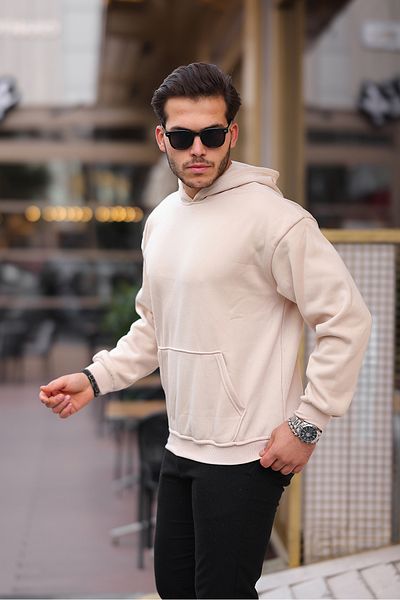 MODAMESTO Ανδρικό φούτερ μπεζ Oversize με κουκούλα και τσέπη καγκουρό με 3 κλωστές εσωτερικά