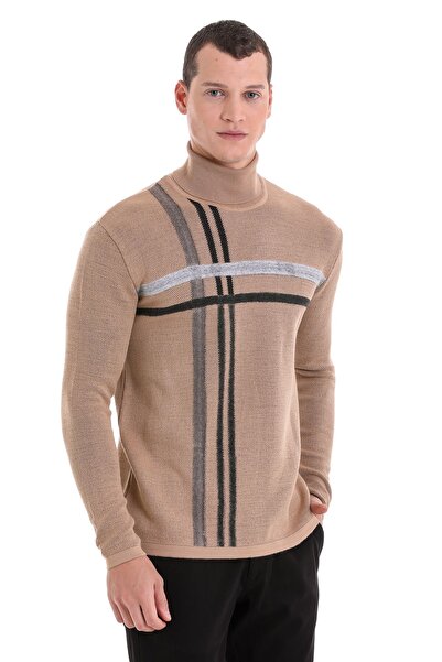 Hatemoğlu Beige Comfort Fit Patterned Turtleneck Wool Knitwear Sweater