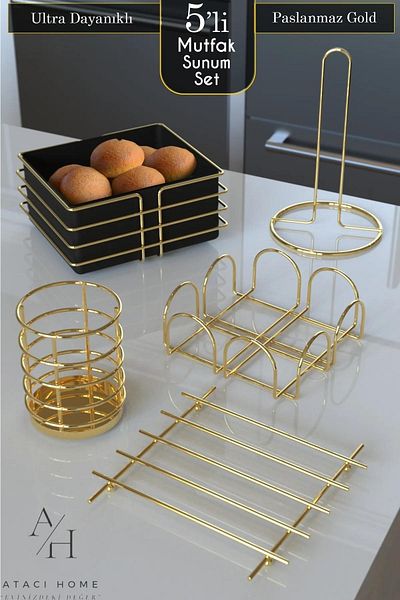 ATACI Luxury Stainless Serving Presentation Set Bread Basket Kitchen Towel Holder Napkin Holder Trivet Cutlery 5 Pieces