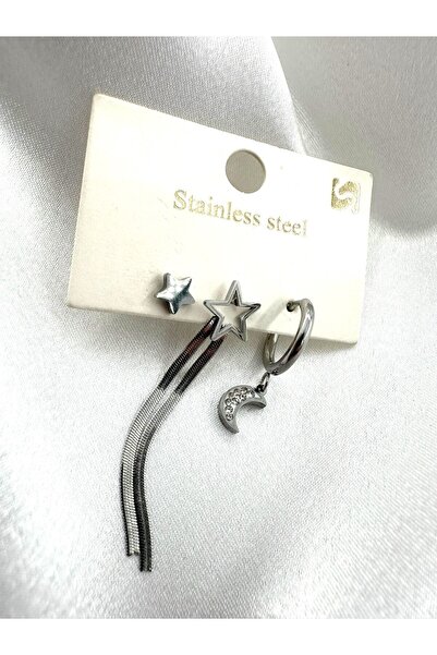 TUM TUM 3'lü Çelik Küpe, Sallantılı Yıldız Küpe, Ay Yıldızlı Çelik Küpe, Yıld...