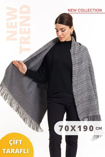 Multi Brand Double Sided Gray Color Plaid Woolen Shoulder Shawl 70x190cm Connectable Winter Women's Gray Smoked Scarf Shawl
