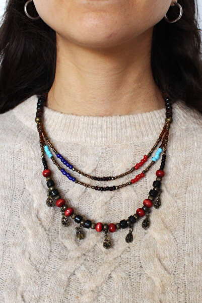 etniko Kadın Ahşap Detaylı Çoklu Kolye