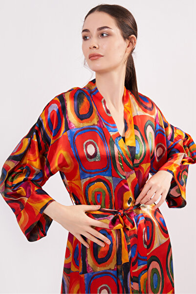 Nomads Felt %100 İpek Uzun Kimono Kaftan | Kandinsky Squares with Circles | N...