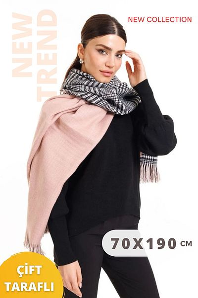 Multi Brand Double Sided Powder Color Plaid Wool Shoulder Shawl 70x190cm Connectable Winter Women's Pink Scarf Shawl