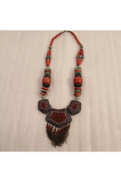 Butik Tülin Kadın otantik el yapımı doğal kemik turuncu turkuaz antik kemik k...