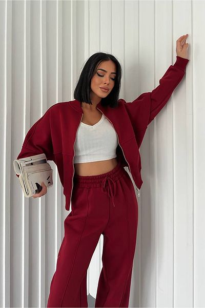 Neşeli Butik γυναικεία αθλητική φόρμα με τρεις κλωστές GTS018 - Βουργουνδία
