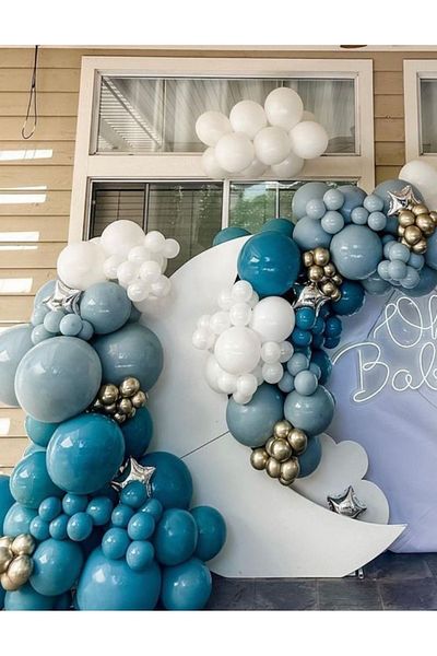 Çemrek Süs Parti Deep ocean storm blue white gold chrome balloon chain set 100 pcs balloons