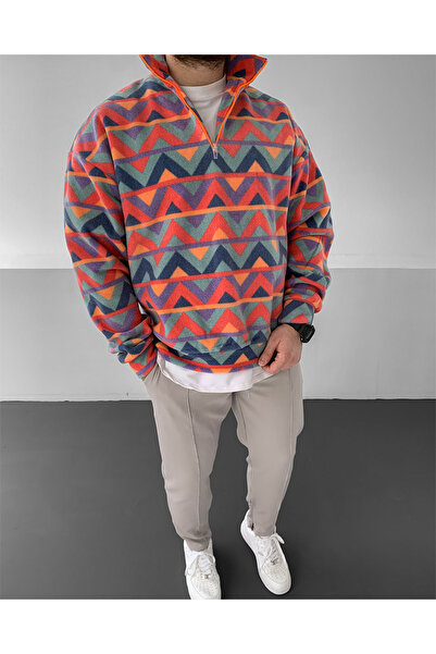 NO1 KONSEPT Zigzag Desenli Polar Oversize Sweatshirt