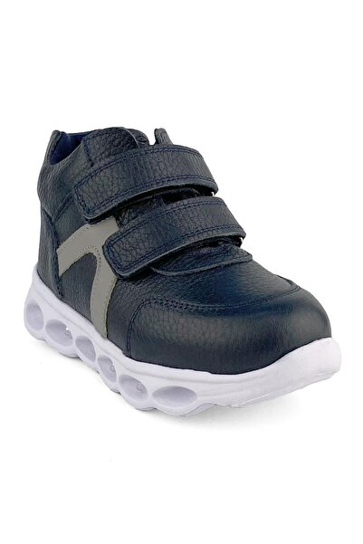 Cici Bebe Ayakkabı Hakiki Deri Lacivert Gri Işıklı Iç Astarlı Kaymaz Taban Bantlı Erkek Çocuk Bot
