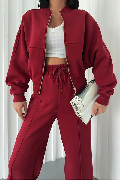 Neşeli Butik γυναικεία αθλητική φόρμα με τρεις κλωστές GTS018 - Βουργουνδία