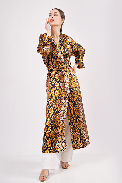 Nomads Felt %100 İpek Uzun Kimono | Gold-Kahve | Yılan Derisi Desen | Nomads ...