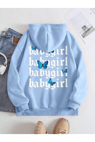ELLYBUTIK Hanorac oversize cu glugă cu imprimeu BABY GIRL pentru damă