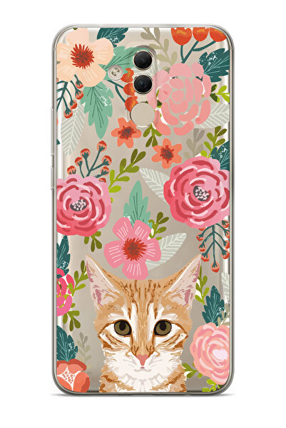 Magic Ring Huawei Mate 20 Lite Uyumlu Kedi ve Çiçek Desenli Şeffaf Telefon Kı...