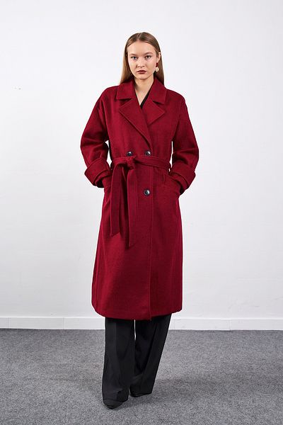 Ortaya Çık Burgundy Stash Fabric Belted Sleeves Cuffed Coat