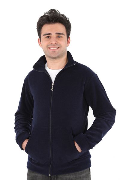DİVİSTA Men's Standard Fit Stand Collar Full Zipper Navy Blue Fleece