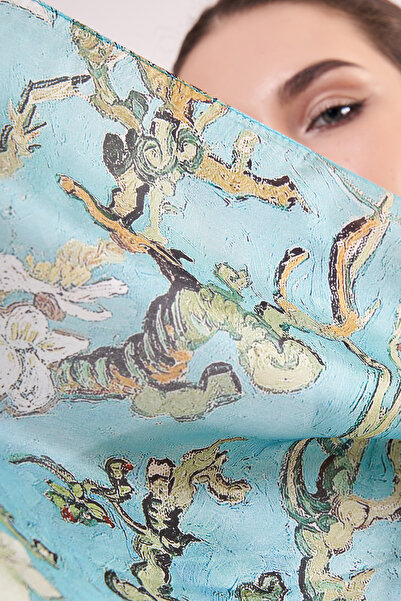 Nomads Felt Voile Silk Scarf| 55 x 180 cm| Van Gogh Almond Tree Turquoise| Nomads Felt