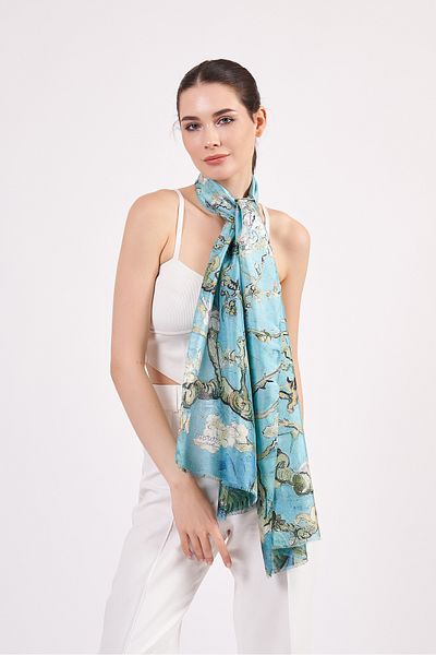 Nomads Felt Voile Silk Scarf| 55 x 180 cm| Van Gogh Almond Tree Turquoise| Nomads Felt