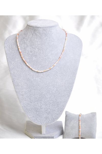 Mavera Doğaltaş Pink Opal Natural Stone Necklace and Bracelet Set 4 mm