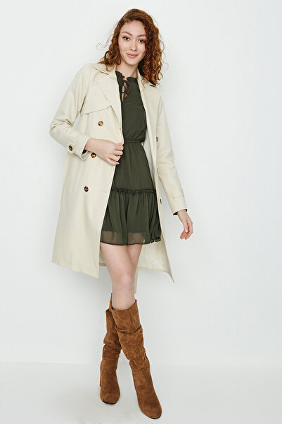 Select Moda Trenci lung cu nasturi în față cu centură crem pentru femei