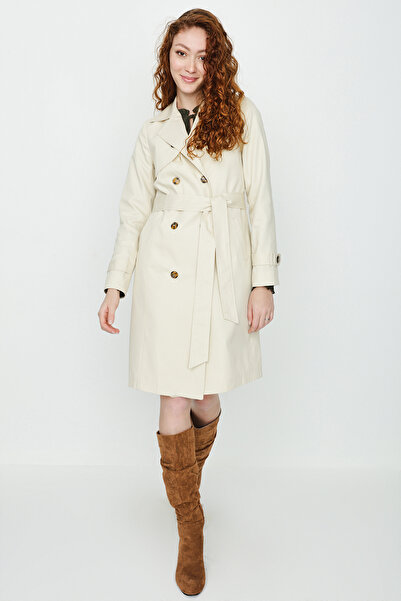 Select Moda Trenci lung cu nasturi în față cu centură crem pentru femei