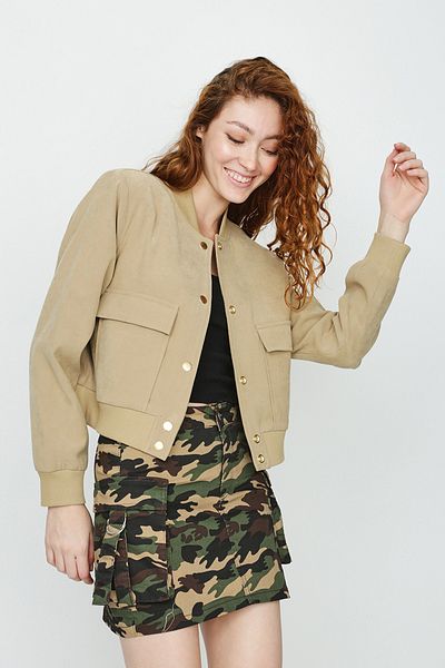 Select Moda Γυναικείο μπουφάν με καμισό τσέπη και κλείσιμο με κουμπί σουέτ bomber jacket