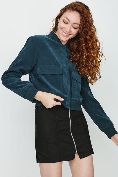 Select Moda Jachetă bomber din piele intoarsa cu buzunar verde pentru femei