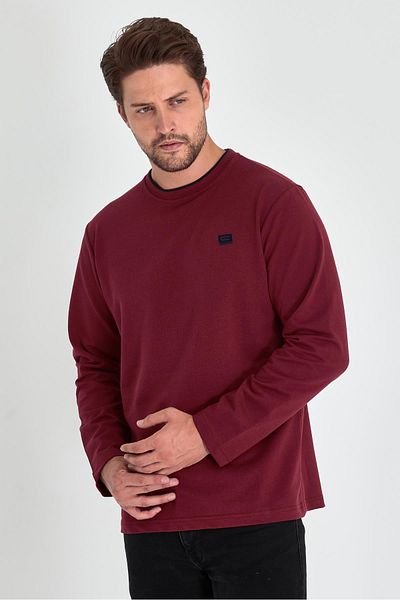 mmetalic Men's Claret Red Double Crew Neck Print Detailed Standard Relaxed Fit Sweatshirt